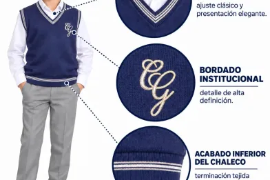 Chaleco Colegio Grancolombiano, azul con cuello en V y bordado institucional