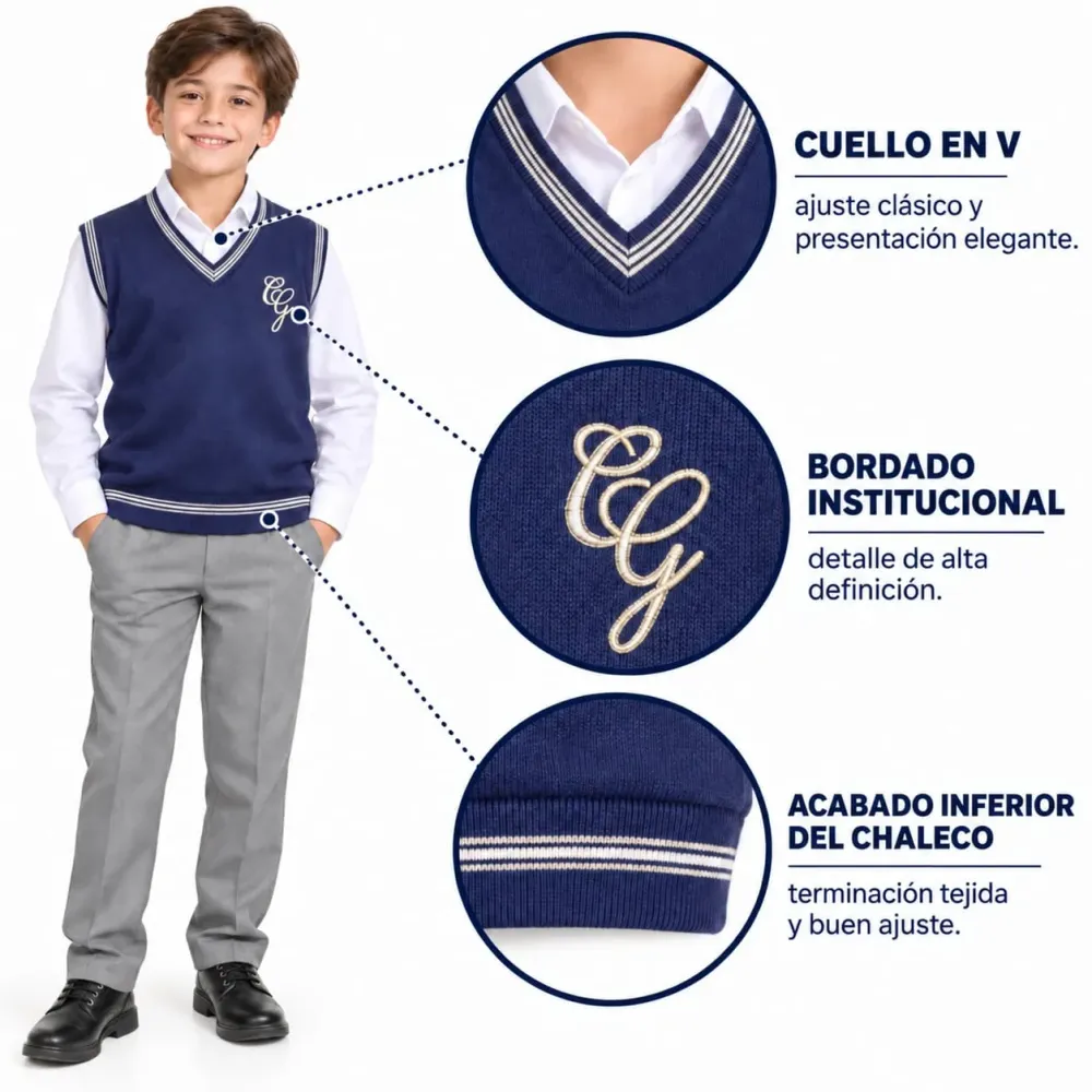 Chaleco Colegio Grancolombiano, azul con cuello en V y bordado institucional
