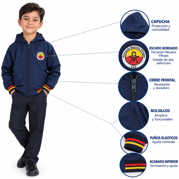 Chaqueta Colegio Fernando Mazuera Villegas, con capucha, escudo bordado y puños elásticos