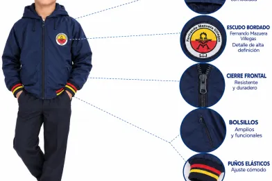 Chaqueta Colegio Fernando Mazuera Villegas, con capucha, escudo bordado y puños elásticos