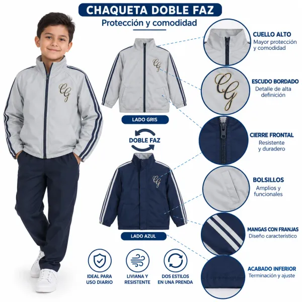 Chaqueta Colegio Grancolombiano, doble faz con cuello alto, escudo bordado y cierre frontal