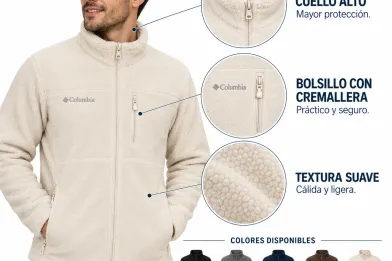 Chaqueta Columbia para Hombre, microfleece marfil con textura suave y cuello alto