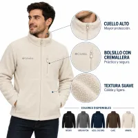 Chaqueta Columbia para Hombre, microfleece marfil con textura suave y cuello alto
