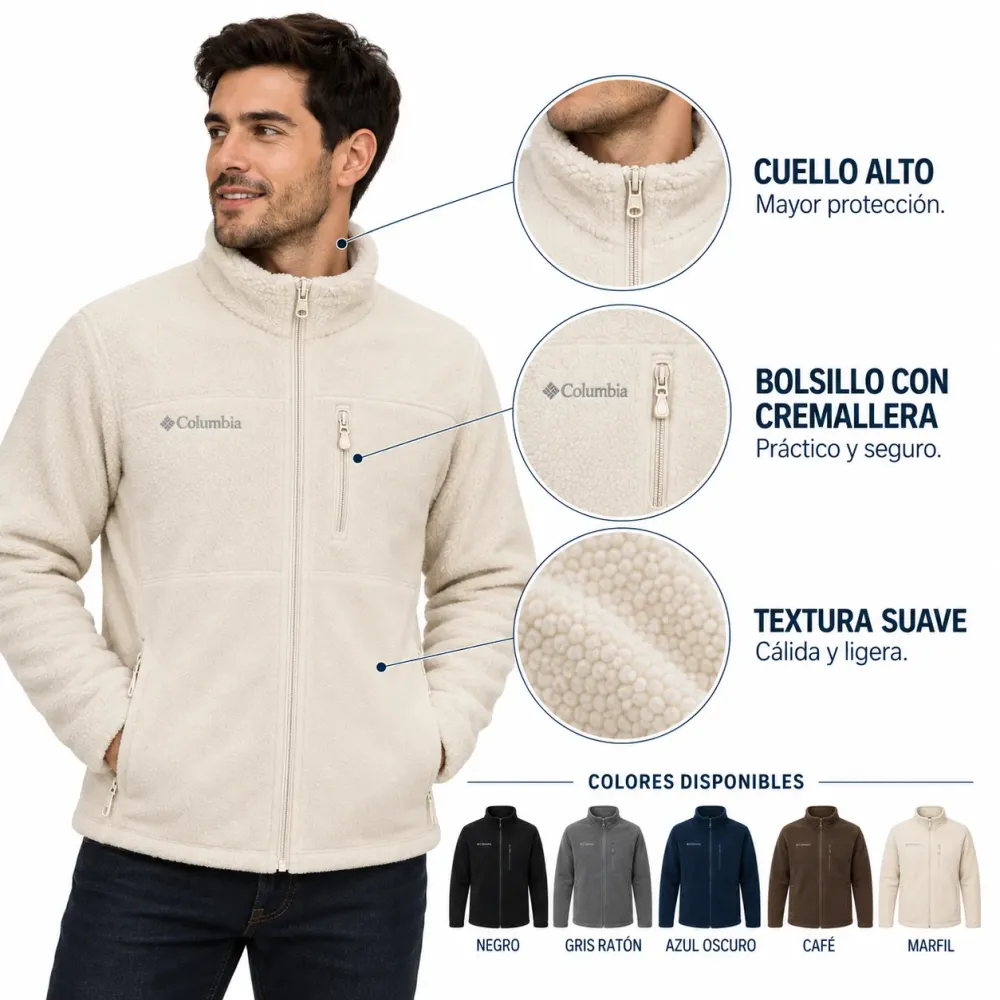 Chaqueta Columbia para Hombre, microfleece marfil con textura suave y cuello alto