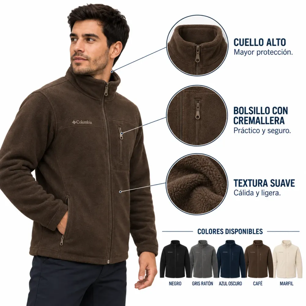 Chaqueta Columbia para Hombre, microfleece café con bolsillo con cremallera y cuello alto