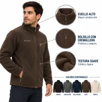 Chaqueta Columbia para Hombre, microfleece café con bolsillo con cremallera y cuello alto