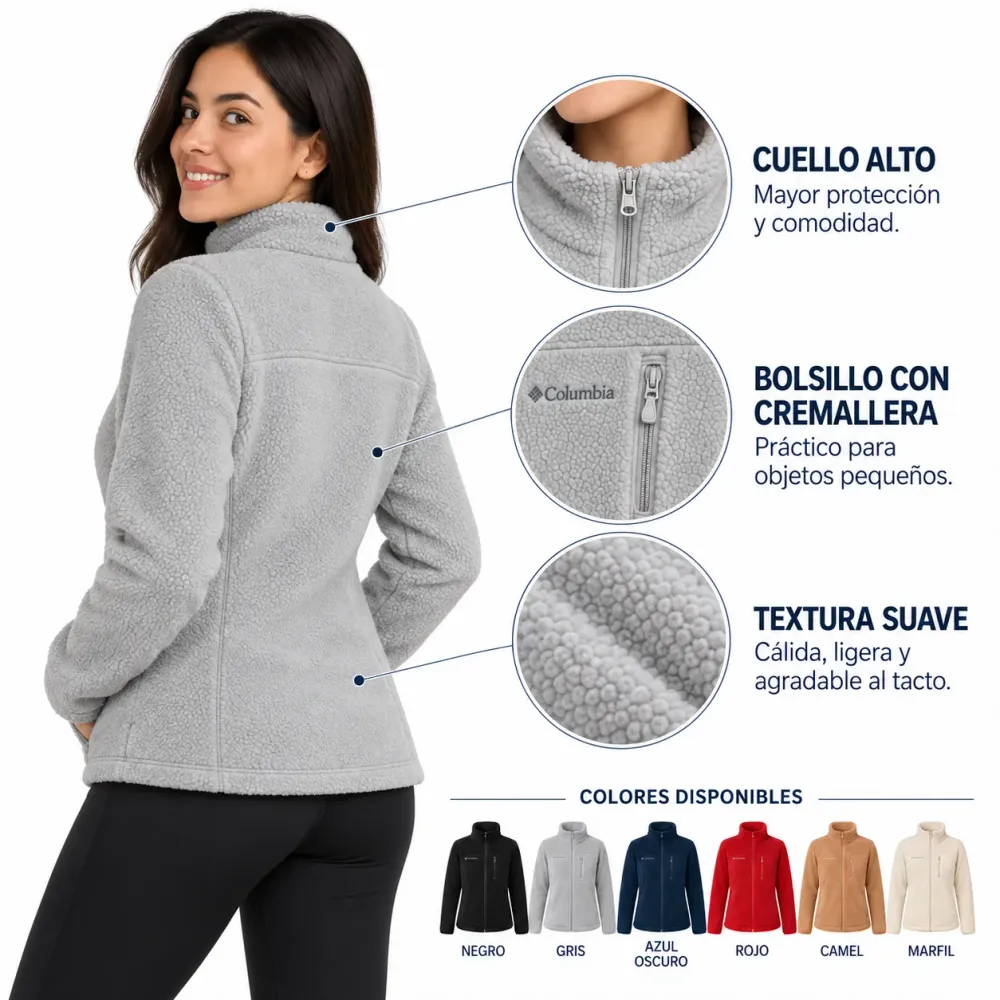Chaqueta columbia para Mujer, color gris con textura suave y bolsillo con cremallera