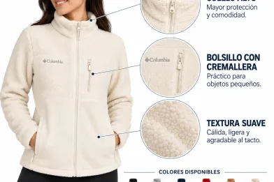 Chaqueta columbia para Mujer, color marfil con cuello alto y bolsillo con cremallera