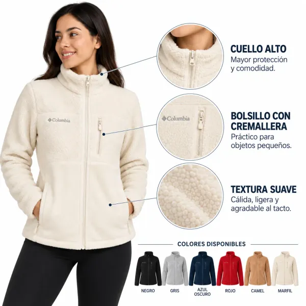 Chaqueta columbia para Mujer, color marfil con cuello alto y bolsillo con cremallera
