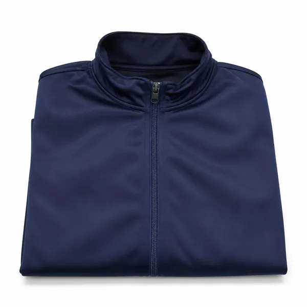 Chaqueta de sudadera escolar azul oscuro en tela impermeable, con cremallera, doblada sobre fondo blanco