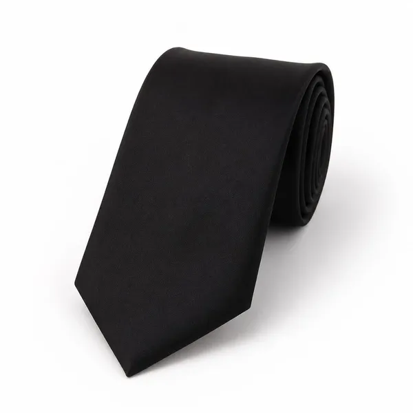 Corbata escolar negra lisa, sin escudo, doblada sobre fondo blanco