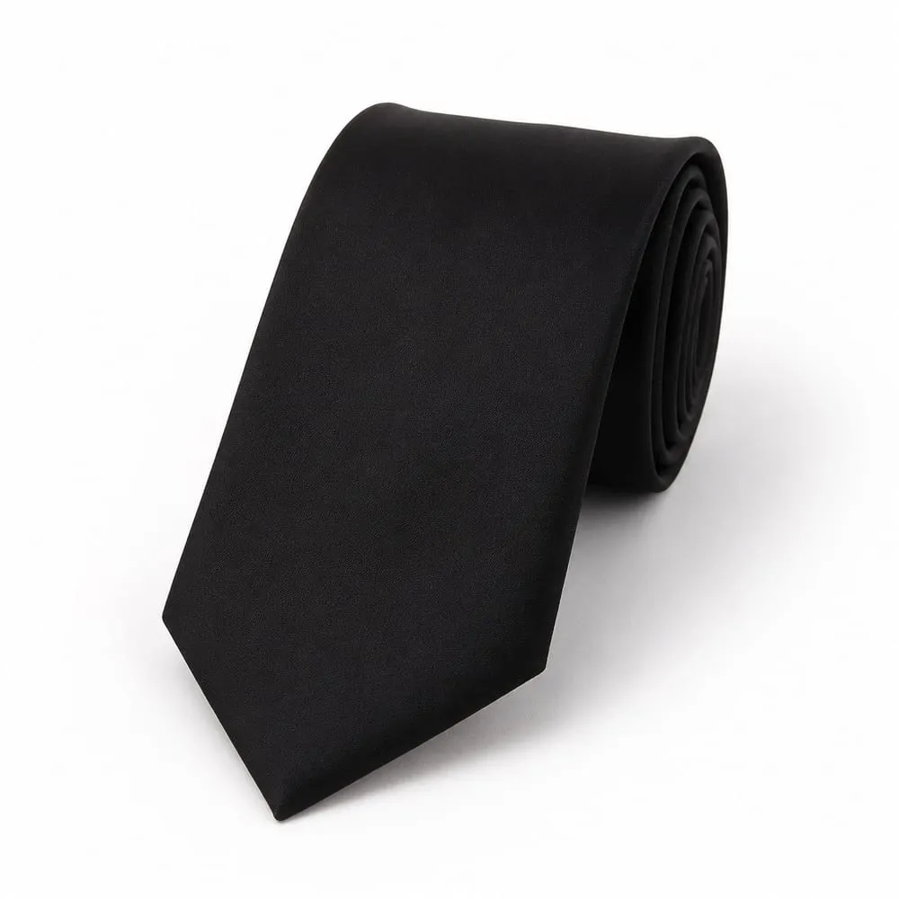 Corbata escolar negra lisa, sin escudo, doblada sobre fondo blanco