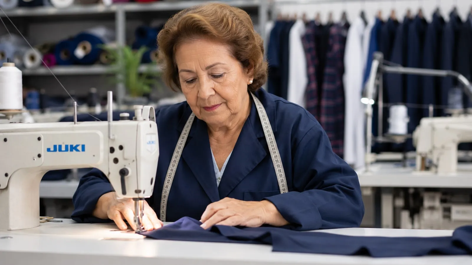 Mujer cosiendo una prenda azul oscuro en una máquina de coser industrial, en un taller de confección con conos de hilo, telas en estantes y prendas colgadas al fondo