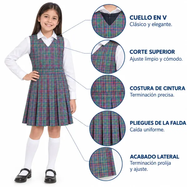 Jardinera Colegio Carlos Albán Holguín, cuello en V y costura de cintura