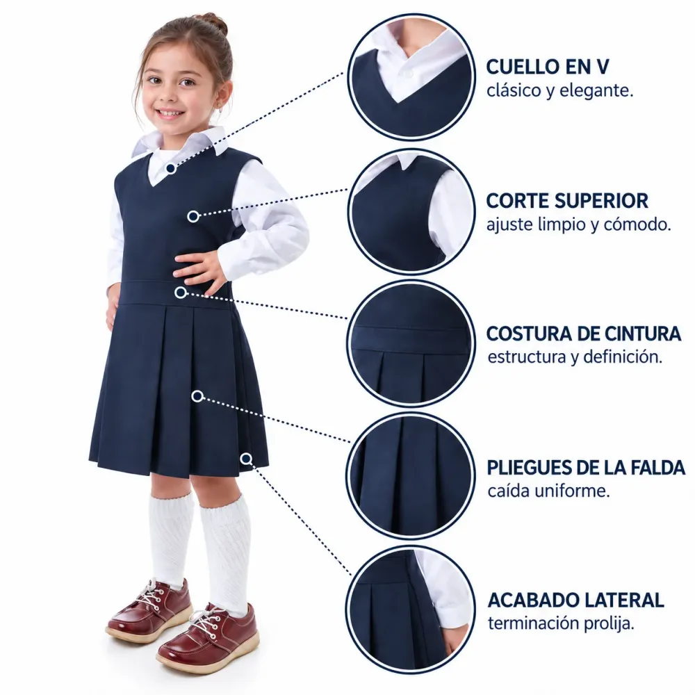 Jardinera Colegio CEDID San Pablo, cuello en V y pliegues de la falda