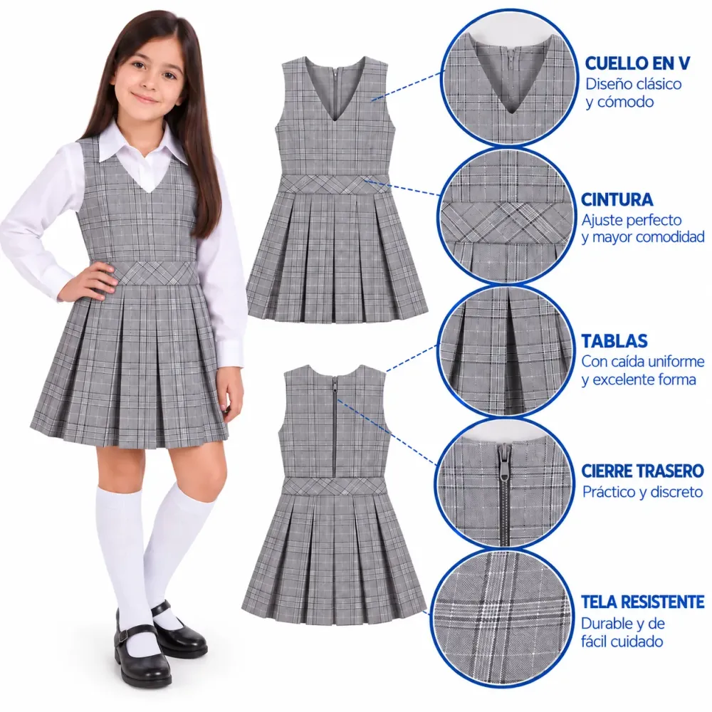 Jardinera Colegio Grancolombiano, diseño con cuello en V y cintura ajustada