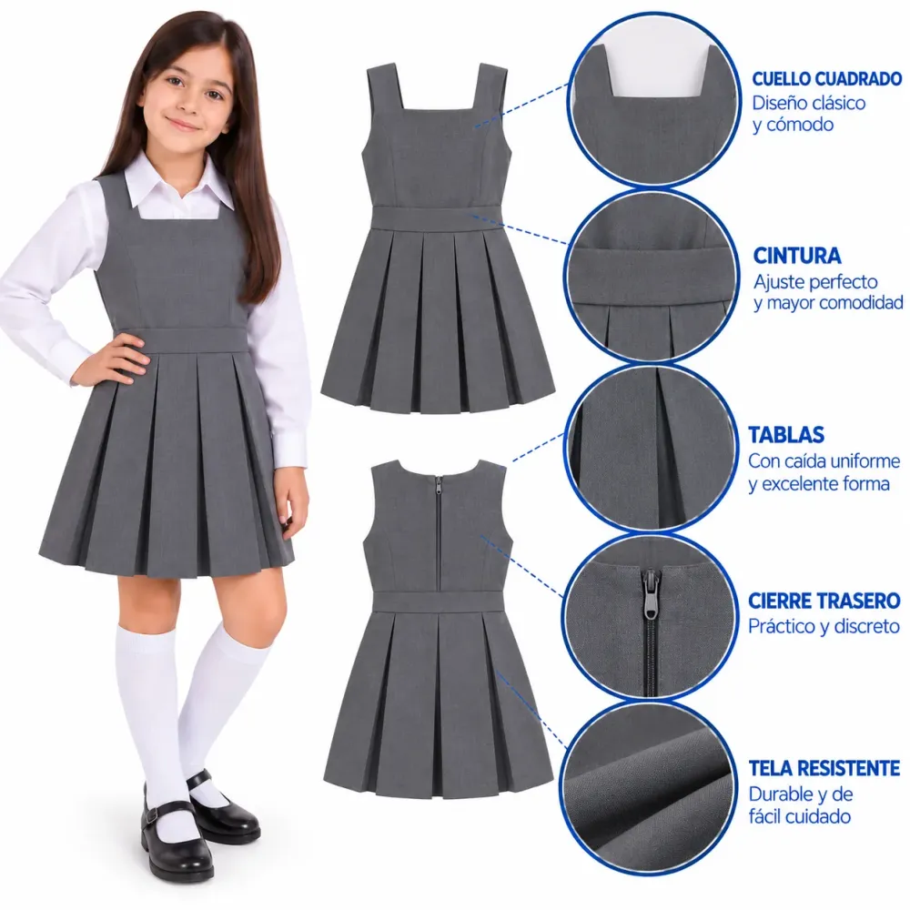 Jardinera Colegio La Esperanza, diseño con cuello cuadrado y cierre trasero