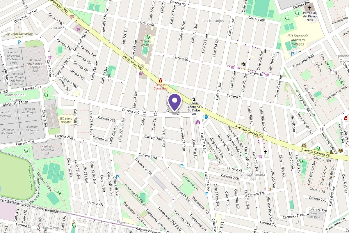 Mapa de la ubicación de Angora Moda en Cra 78c # 71c - 28 sur, Bosa Carbonell, Bogotá, con una chincheta sobre el local