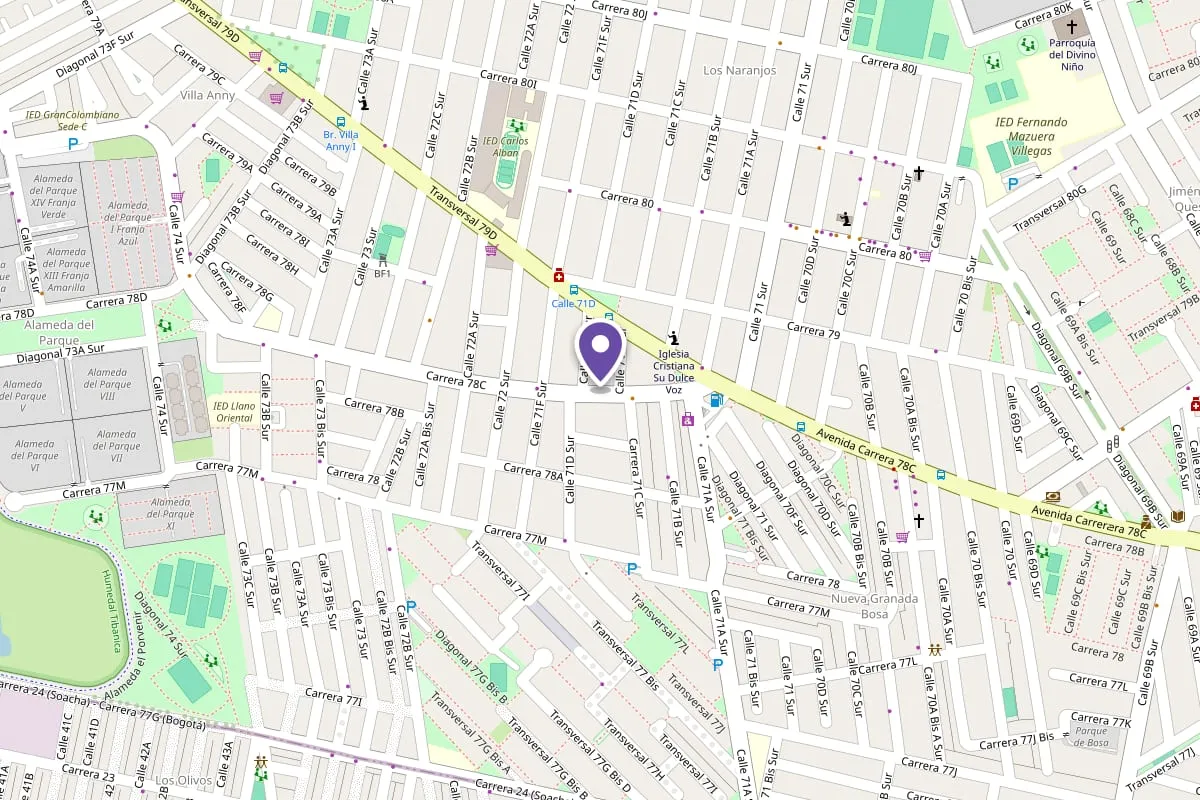 Mapa de la ubicación de Angora Moda en Cra 78c # 71c - 28 sur, Bosa Carbonell, Bogotá, con una chincheta sobre el local