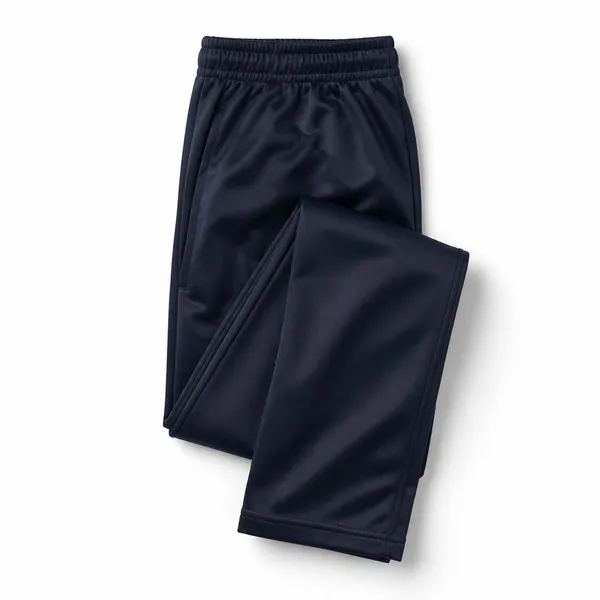 Pantalón de sudadera escolar azul oscuro en tela impermeable, doblado sobre fondo blanco