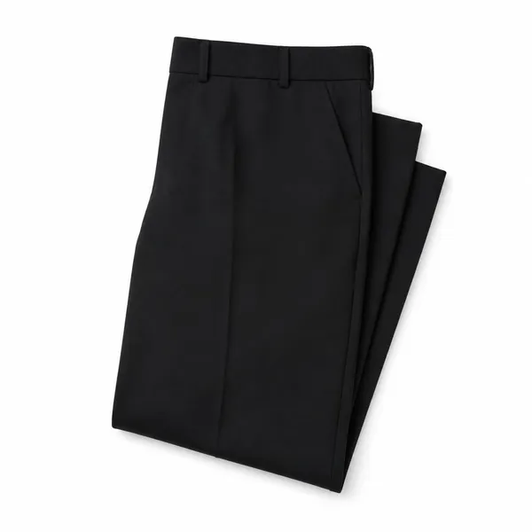 Pantalón escolar negro doblado sobre fondo blanco, con la raya marcada
