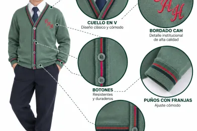 Saco Colegio Carlos Albán Holguín, cuello en V con bordado CAH y puños con franjas