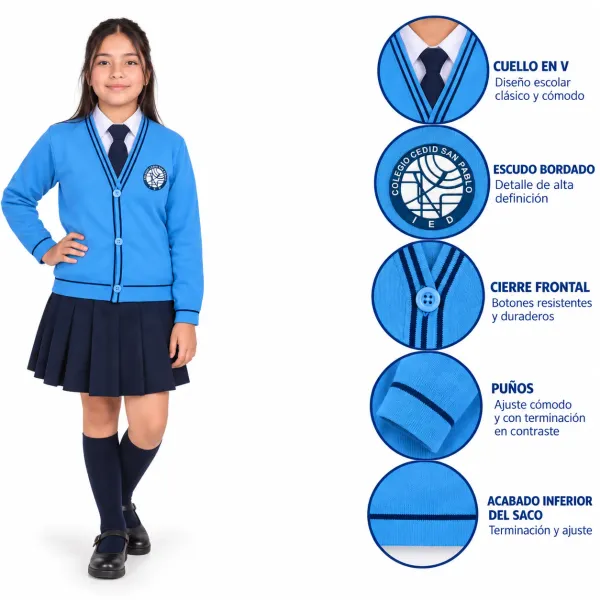 Saco Colegio CEDID San Pablo, color azul con cuello en V y escudo bordado