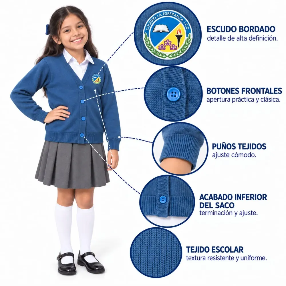 Saco Colegio La Esperanza, con botones frontales y escudo bordado