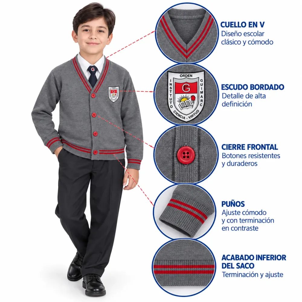 Saco Instituto Guimarc, cuello en V con escudo bordado y cierre frontal de botones