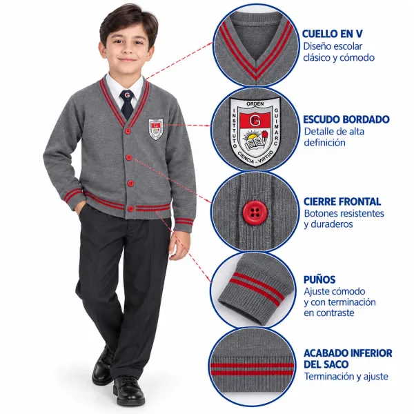 Saco Instituto Guimarc, cuello en V con escudo bordado y cierre frontal de botones