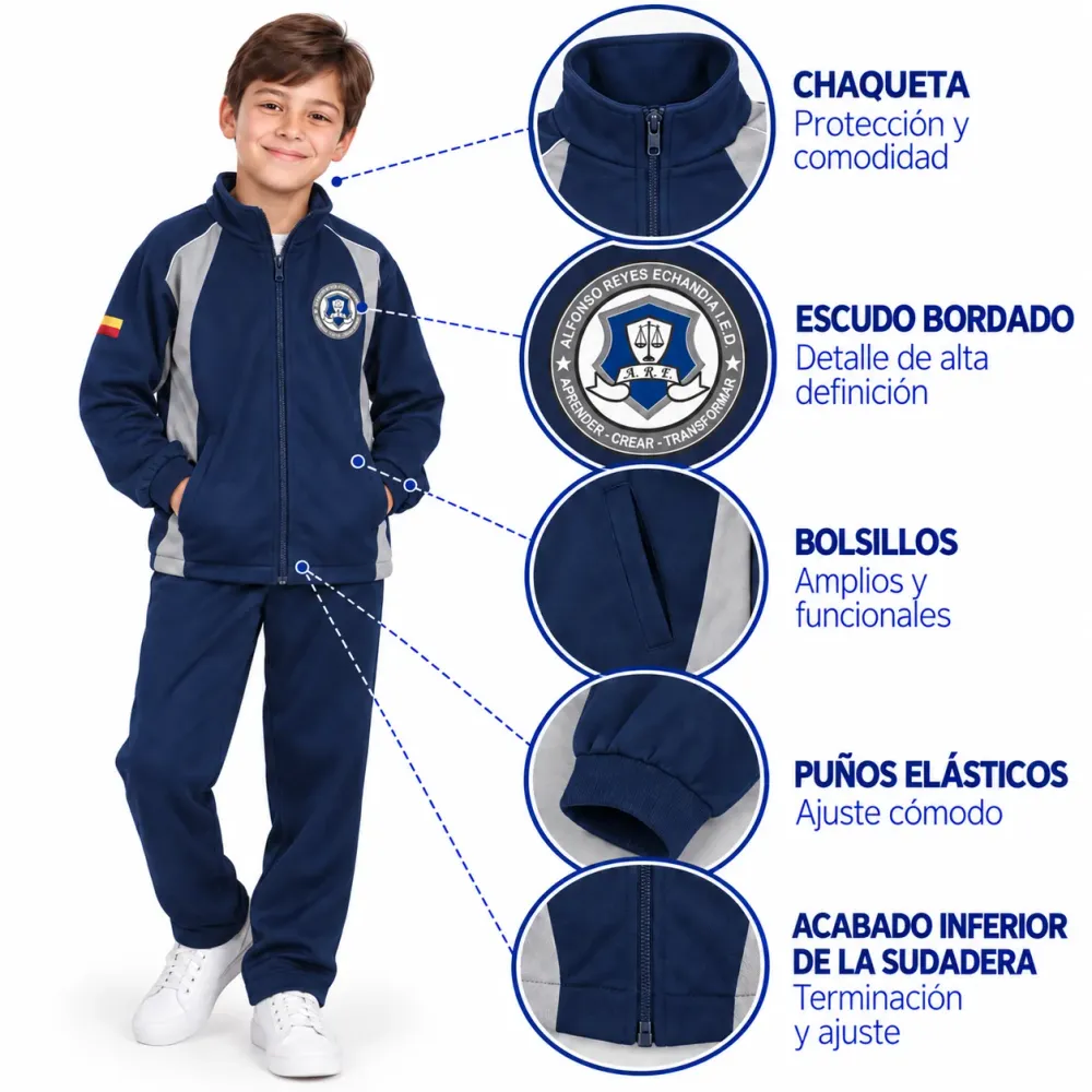Sudadera Colegio Alfonso Reyes Echandía, chaqueta azul con escudo bordado y puños elásticos
