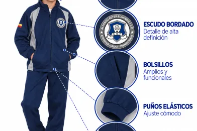 Sudadera Colegio Alfonso Reyes Echandía, chaqueta azul con escudo bordado y puños elásticos