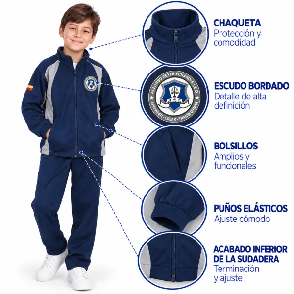 Sudadera Colegio Alfonso Reyes Echandía, chaqueta azul con escudo bordado y puños elásticos