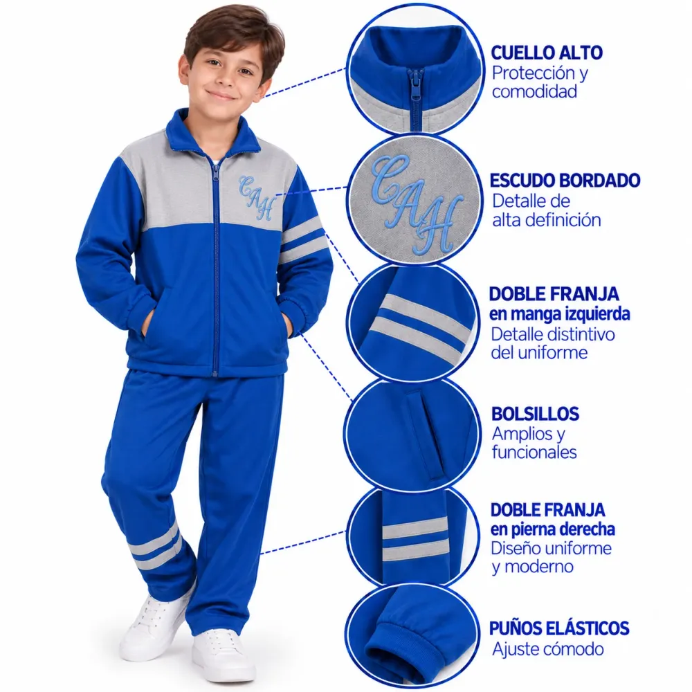 Sudadera Colegio Carlos Albán Holguín, chaqueta con cuello alto y escudo bordado
