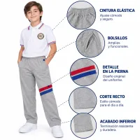 Sudadera Colegio CEDID San Pablo, pantalón gris con cintura elástica y bolsillos amplios