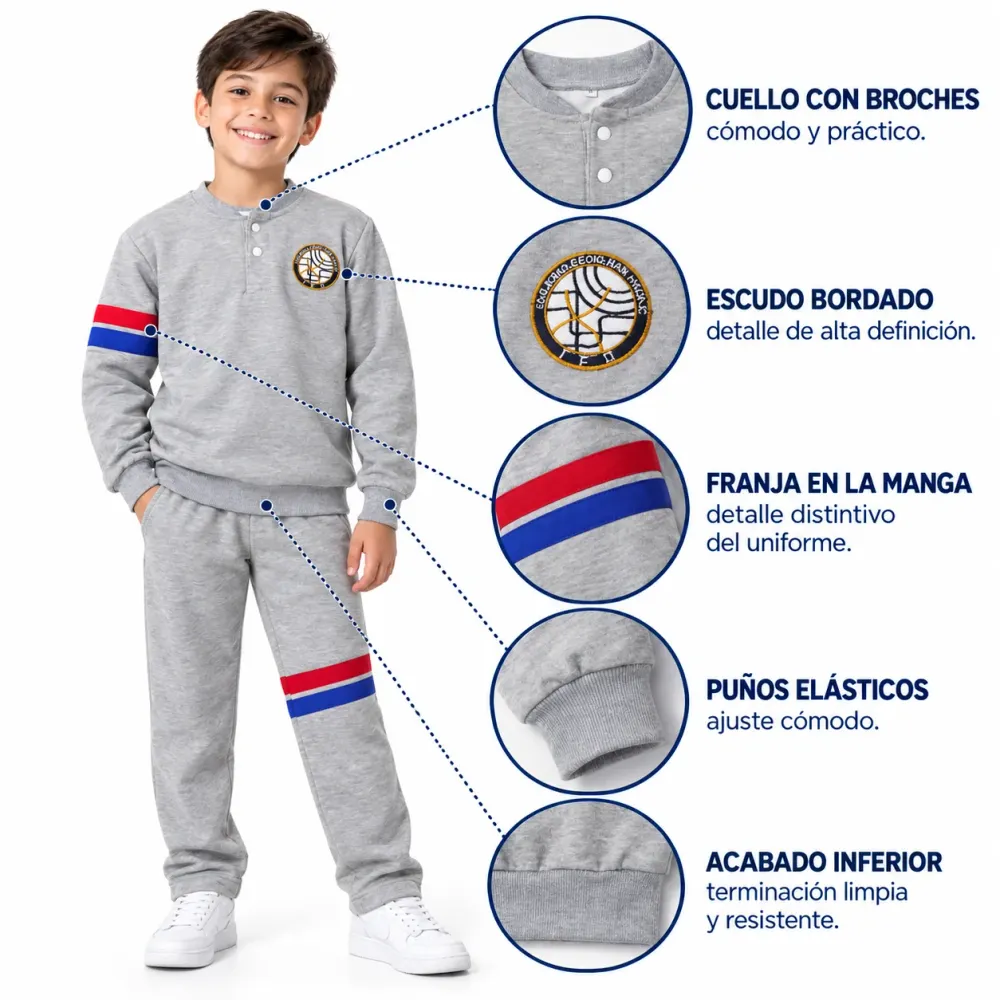 Sudadera Colegio CEDID San Pablo, gris con escudo bordado y puños elásticos