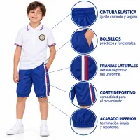 Sudadera Colegio CEDID San Pablo, pantaloneta azul con franjas laterales y corte deportivo