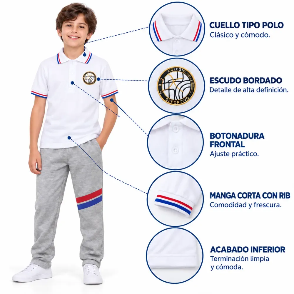 Sudadera Colegio CEDID San Pablo, polo blanco con cuello tipo polo y escudo bordado