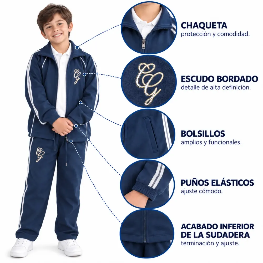 Sudadera Colegio Grancolombiano, chaqueta con escudo bordado y puños elásticos