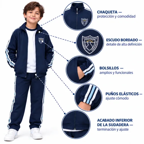 Sudadera Colegio Llano Oriental, chaqueta con escudo bordado y bolsillos funcionales