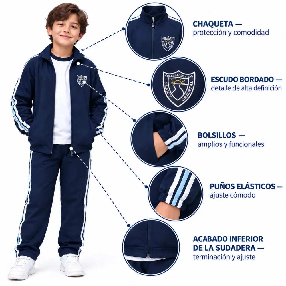 Sudadera Colegio Llano Oriental, chaqueta con escudo bordado y bolsillos funcionales