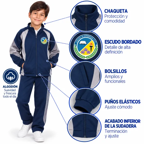 Sudadera en algodón del Colegio La Esperanza, chaqueta con escudo bordado y puños elásticos