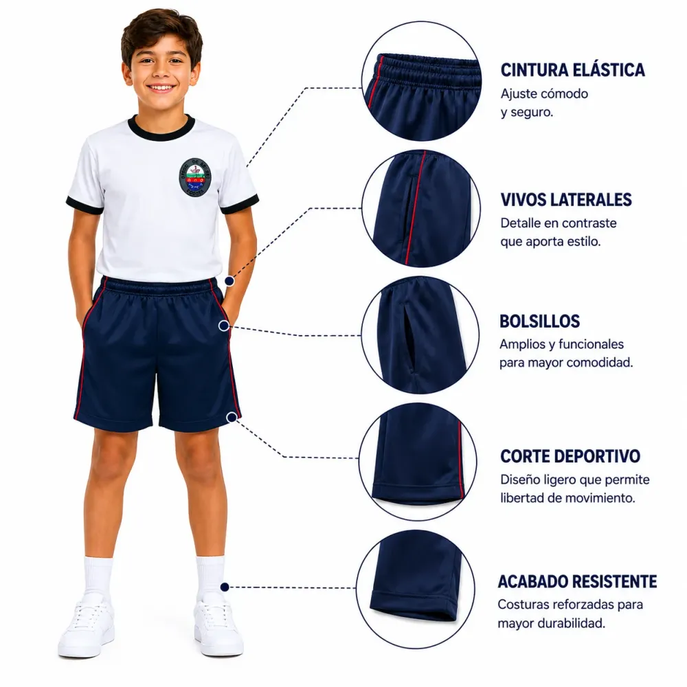 Sudadera en algodón del Colegio Pablo de Tarso, pantaloneta con cintura elástica y vivos laterales