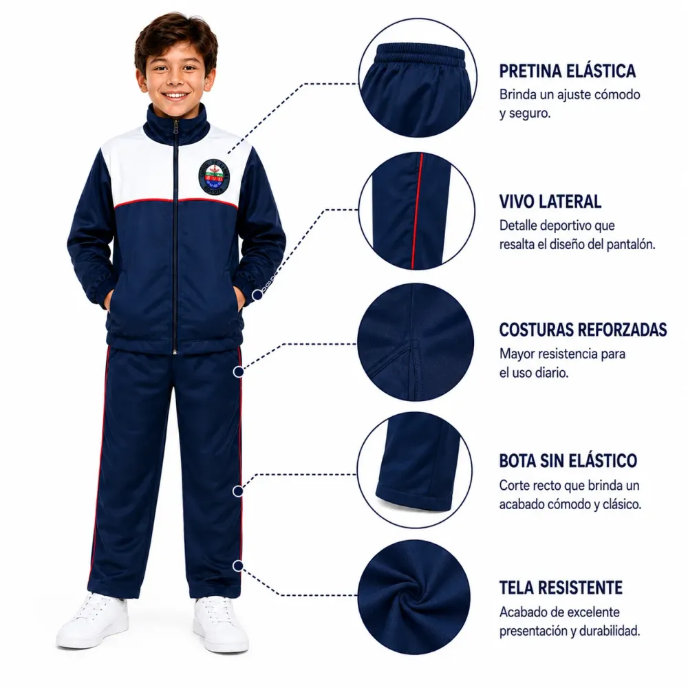 Sudadera en algodón del Colegio Pablo de Tarso, pantalón con pretina elástica y vivo lateral
