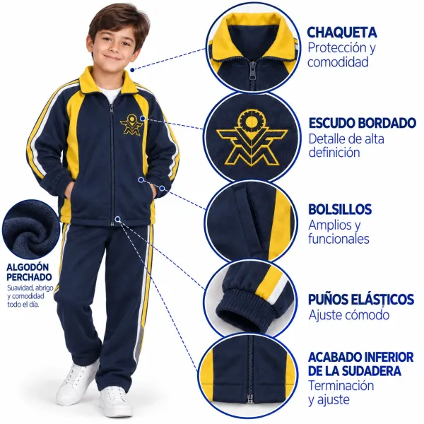 Sudadera en algodón del Colegio Mazuera, chaqueta azul con escudo bordado y puños elásticos