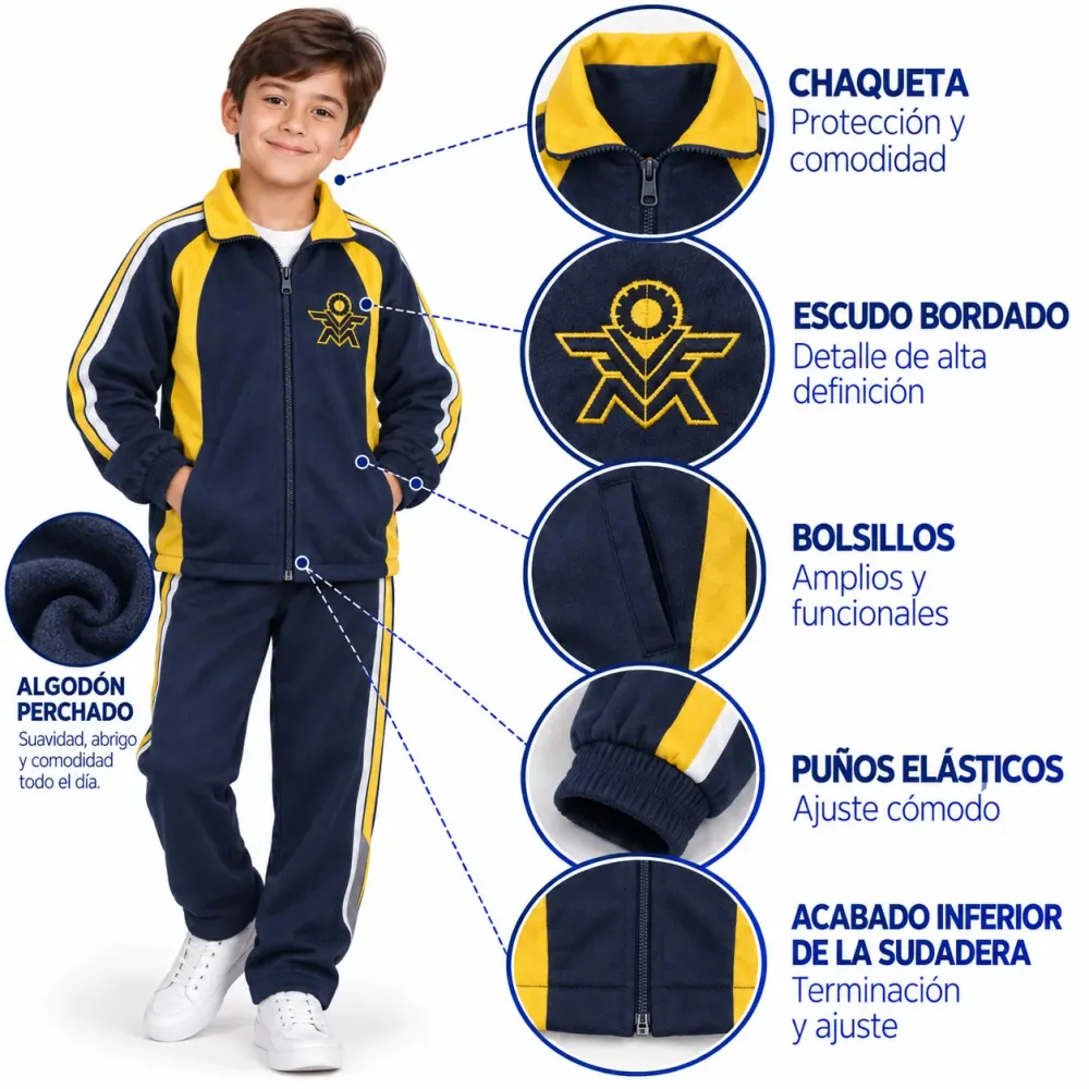 Sudadera en algodón del Colegio Mazuera, chaqueta azul con escudo bordado y puños elásticos