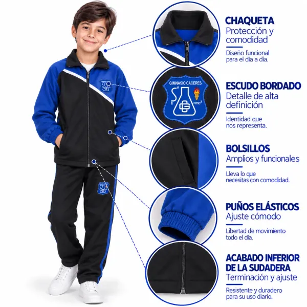 Sudadera Gimnasio Cáceres, chaqueta impermeable con escudo bordado y puños elásticos