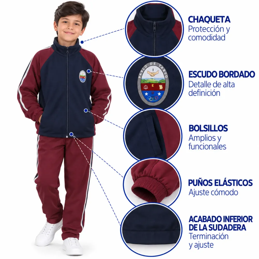Sudadera impermeable Colegio Pablo de Tarso, chaqueta azul con escudo bordado y puños elásticos