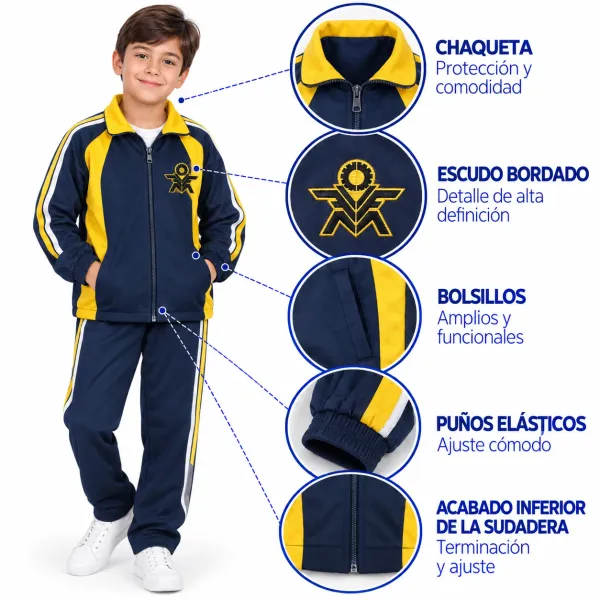 Sudadera impermeable del Colegio Mazuera, chaqueta azul y amarilla con escudo bordado y puños elásticos