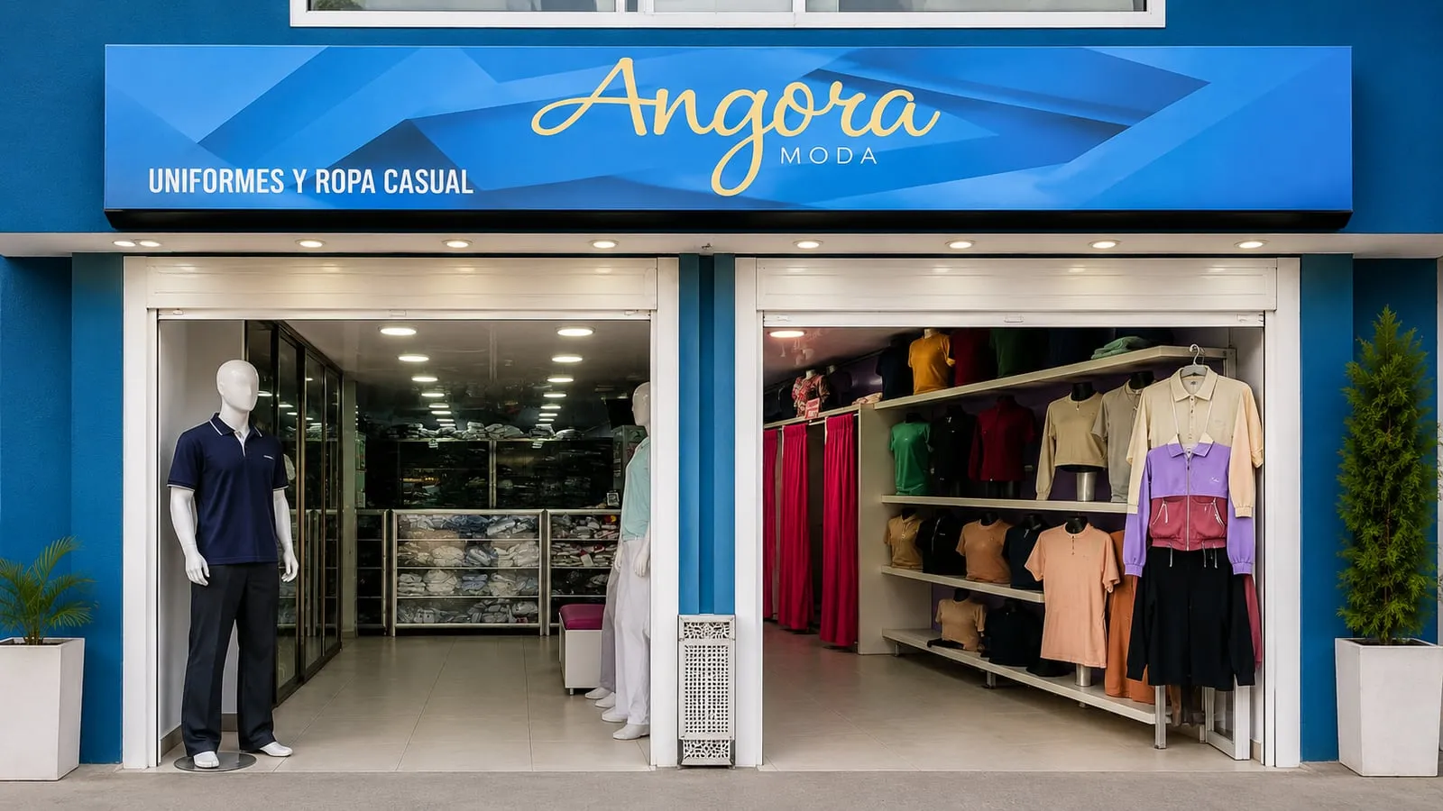 Fachada azul de la tienda Angora Moda, con aviso de Angora Moda y Uniformes y ropa casual, dos entradas abiertas y maniquíes con uniforme a los lados
